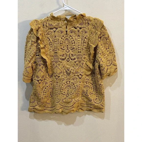 SEZANE Blouse Pauletta Mustard Size 44 Crochet Vintage Inspired US 16 - Picture 3 of 9